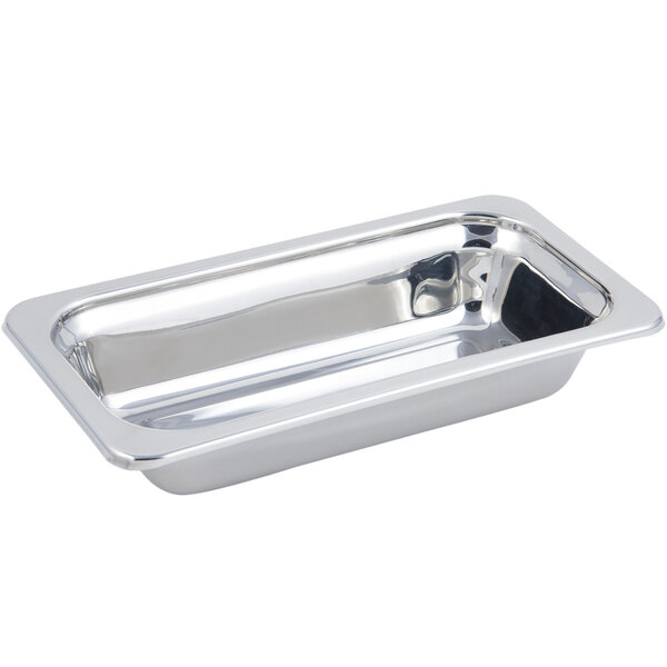 A Bon Chef stainless steel rectangular food pan with a plain design.