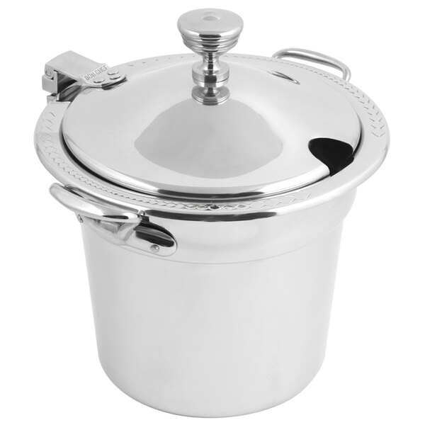A silver stainless steel Bon Chef soup tureen with stainless steel handles and a lid.