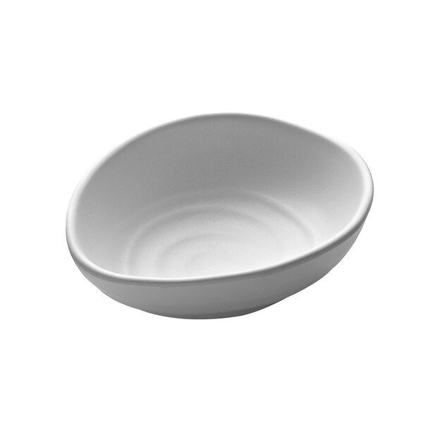 A white oval melamine bowl with a white background.