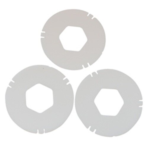 Three white plastic gaskets with circles inside of hexagons.