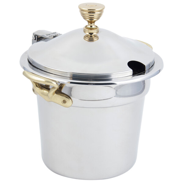 A silver stainless steel Bon Chef soup inset with a hinged lid and round brass handles.