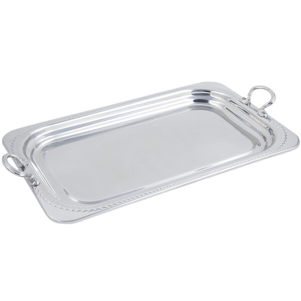A silver Bon Chef rectangular food pan with round stainless steel handles.