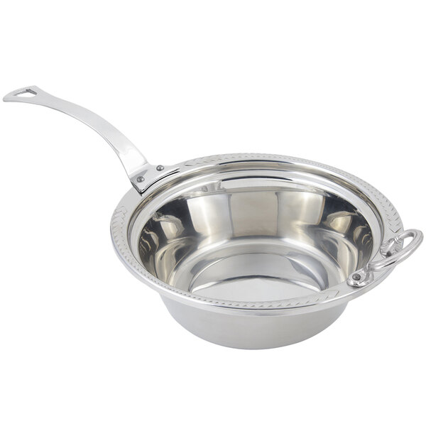 A Bon Chef stainless steel casserole food pan with a long handle decorated with a laurel design.