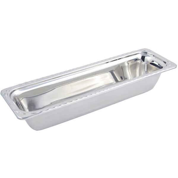 A silver rectangular Bon Chef food pan with a handle.