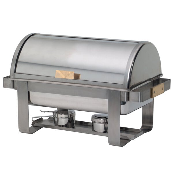 An American Metalcraft stainless steel rectangular roll-top chafer on a counter.