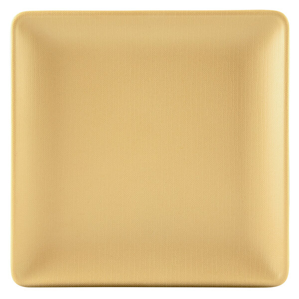 A square Elite Global Solutions rattan-colored plate with a textured surface.