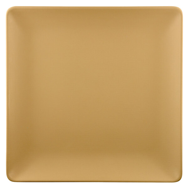 An Elite Global Solutions square beige melamine plate with a rattan-colored surface.