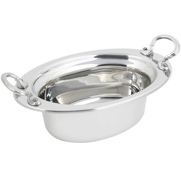 A stainless steel Bon Chef oval food pan with round stainless steel handles.