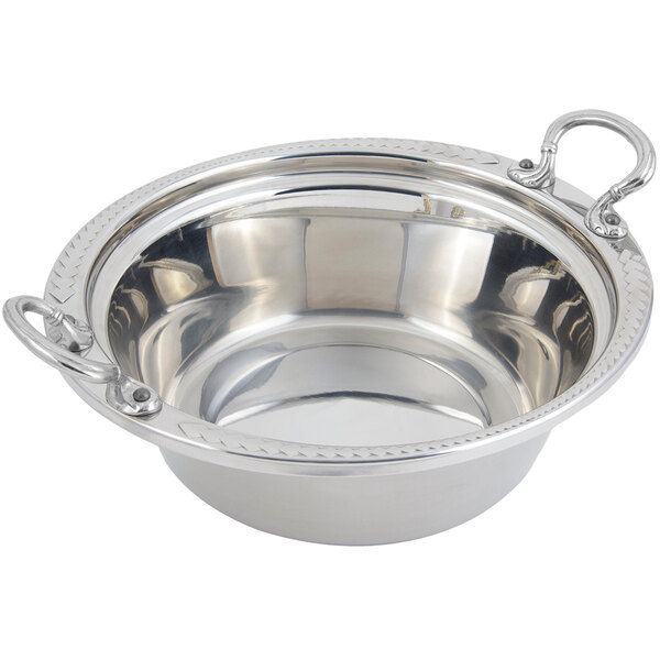 A stainless steel Bon Chef food pan with round stainless steel handles.