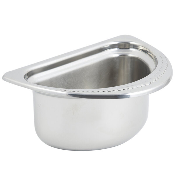 A stainless steel Bon Chef food pan with a decorative laurel design.