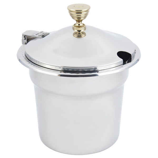A silver stainless steel Bon Chef soup tureen with a lid.