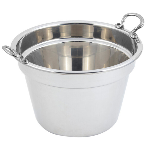 A stainless steel Bon Chef soup inset with round handles.