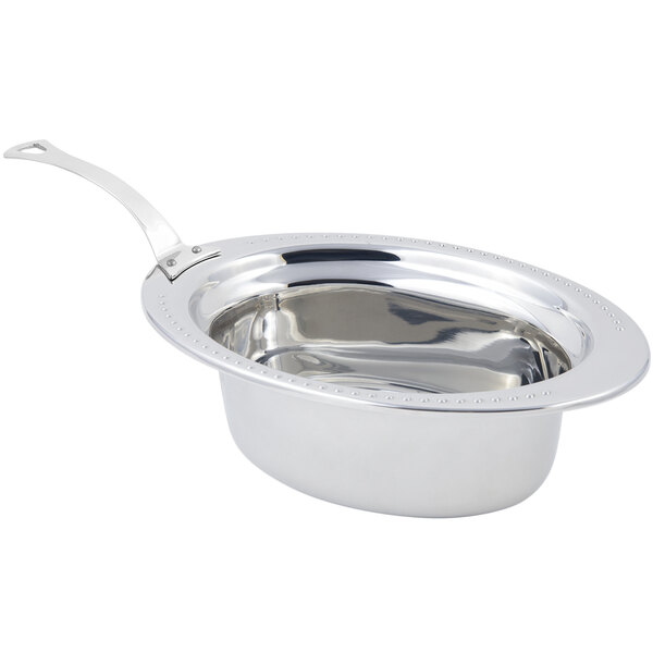 A stainless steel Bon Chef Bolero design food pan with a long stainless steel handle.