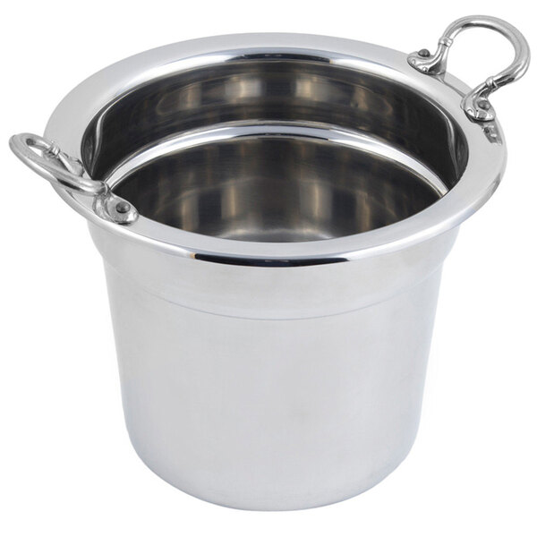 A stainless steel Bon Chef soup inset with round handles.