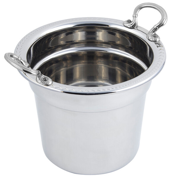 A stainless steel Bon Chef soup tureen with round stainless steel handles.