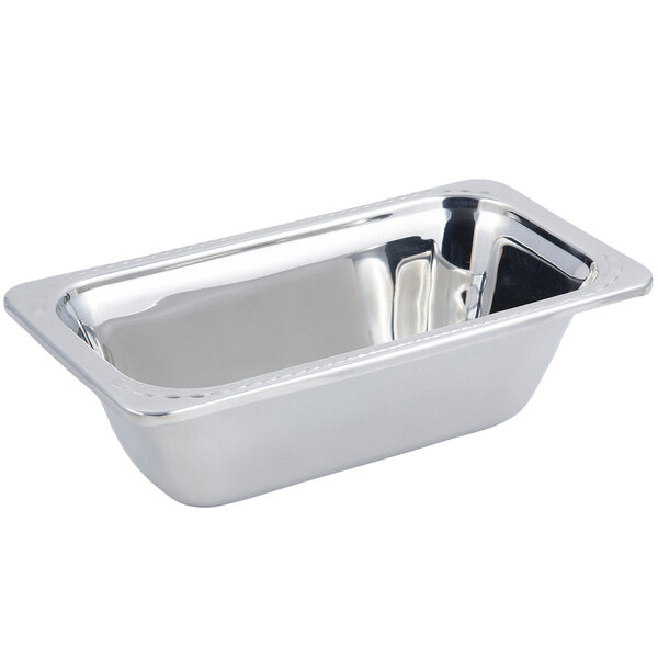 A silver stainless steel Bon Chef rectangular food pan with an arched design lid.