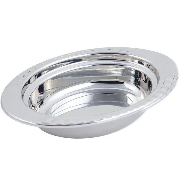 A stainless steel Bon Chef full size oval food pan with an arch design.