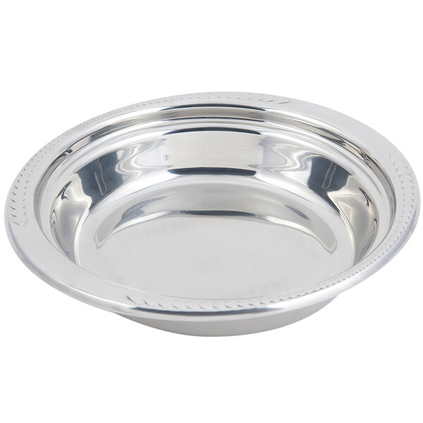 A stainless steel Bon Chef casserole food pan with a laurel design.