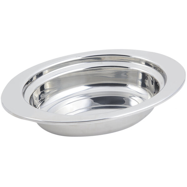 A silver stainless steel Bon Chef food pan with an oval rim.