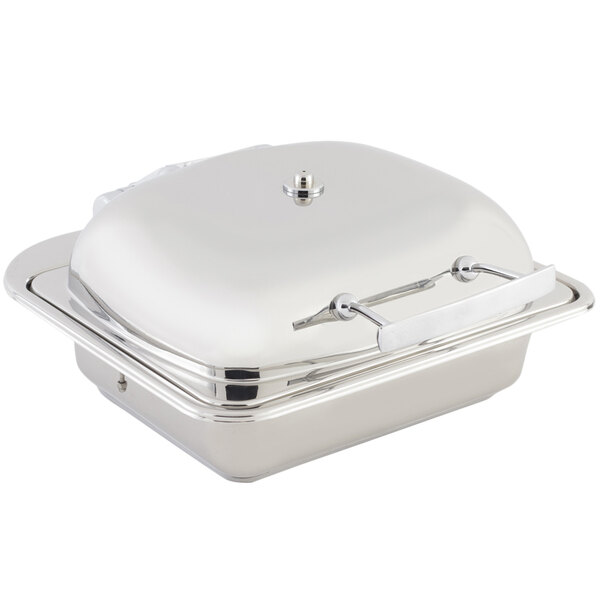 A silver square Bon Chef chafer with a lid.
