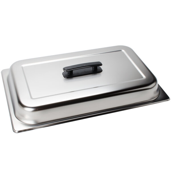 An American Metalcraft stainless steel rectangular lid with a black handle.