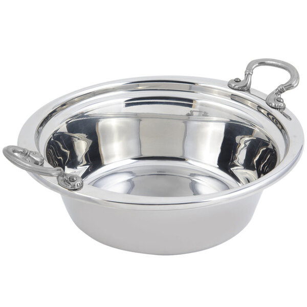 A stainless steel Bon Chef casserole pan with round stainless steel handles.