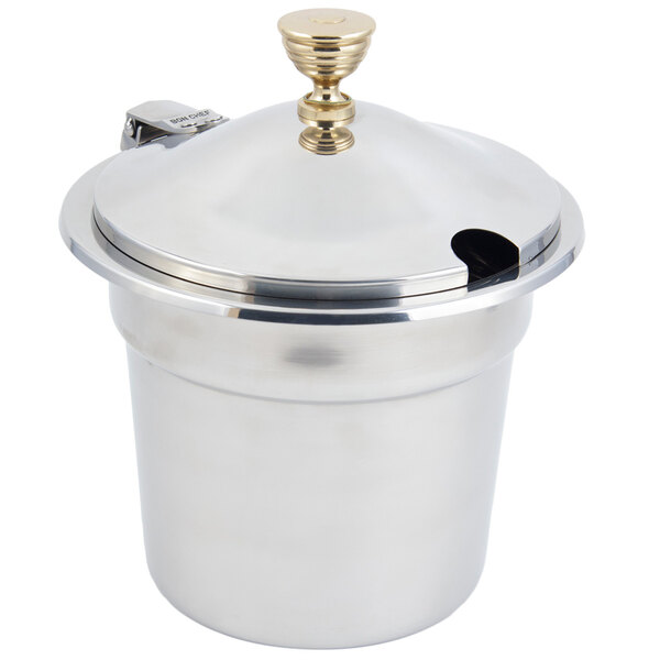 A silver metal container with a hinged stainless steel lid.