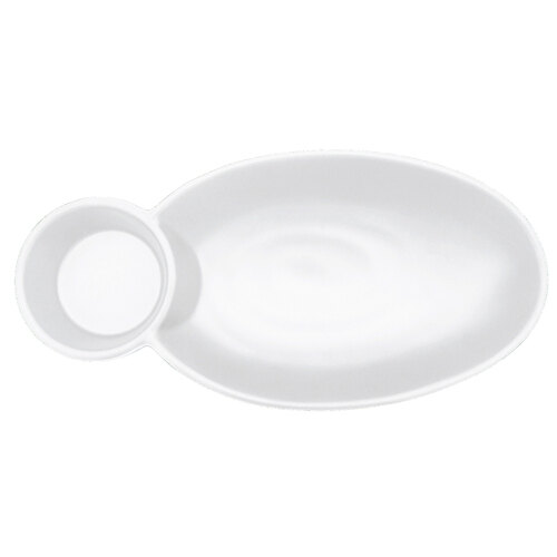 A white oval shaped dish with two compartments.