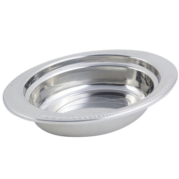 A silver stainless steel Bon Chef oval food pan with a laurel design.