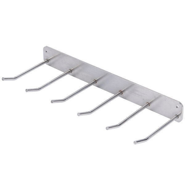 A stainless steel wall rack with six hooks by Robot Coupe.