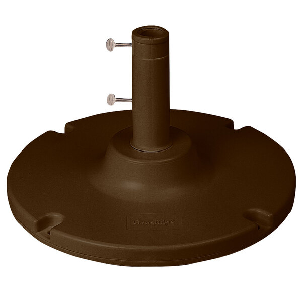 A brown plastic umbrella base with a metal stand.