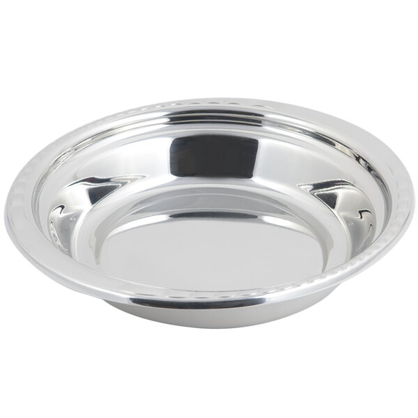 A stainless steel Bon Chef casserole food pan with an arches design and a handle.