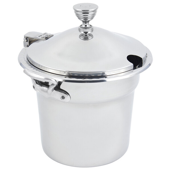 A silver stainless steel Bon Chef soup tureen with round stainless steel handles and chrome accents.