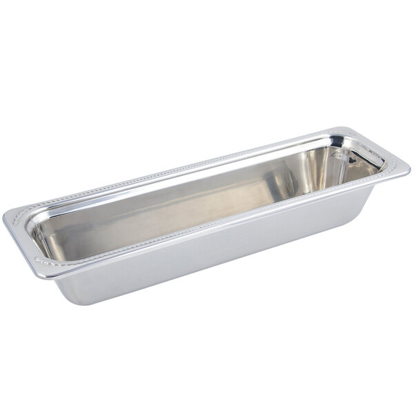 A silver rectangular Bon Chef stainless steel food pan with a laurel design handle.