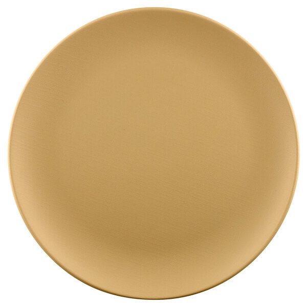 An Elite Global Solutions rattan-colored round melamine plate.