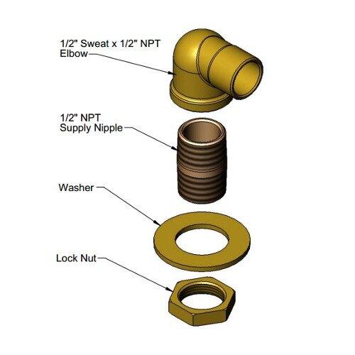 A diagram of a T&S Power Soak elbow kit with a gold nut and a black arrow pointing to a yellow pipe.