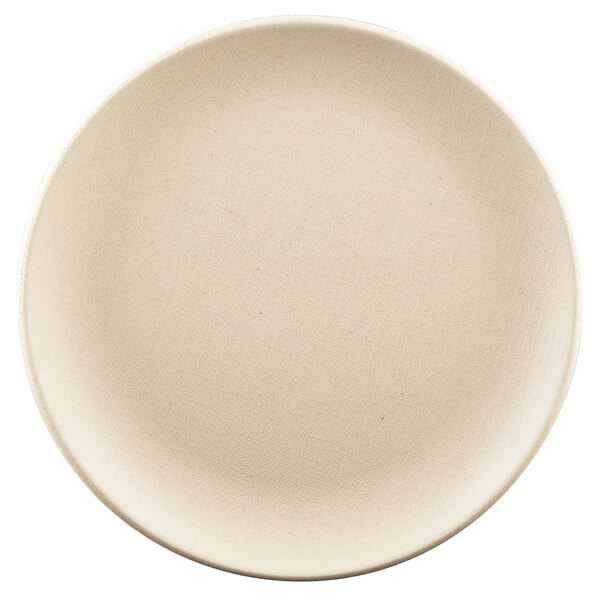 A white Elite Global Solutions round melamine plate with a small rim.