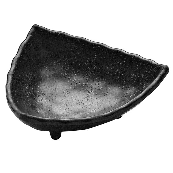 A black triangle shaped bowl with a black rim.