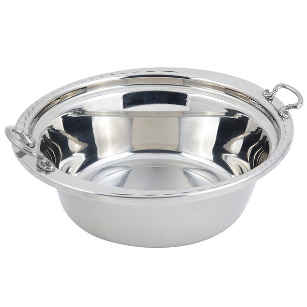A silver stainless steel Bon Chef casserole bowl with round handles.