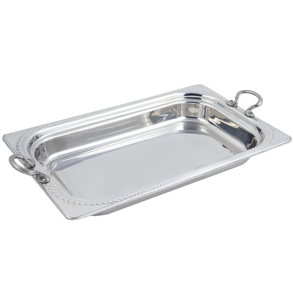 A stainless steel rectangular food pan with round stainless steel handles.