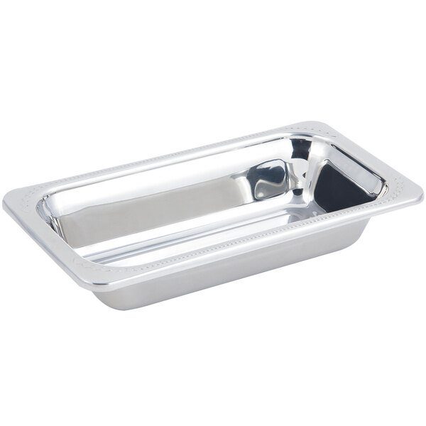 A rectangular stainless steel food pan with a laurel design in the sides.