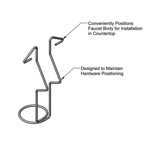 A diagram of a metal stand with a hook for faucet installation.
