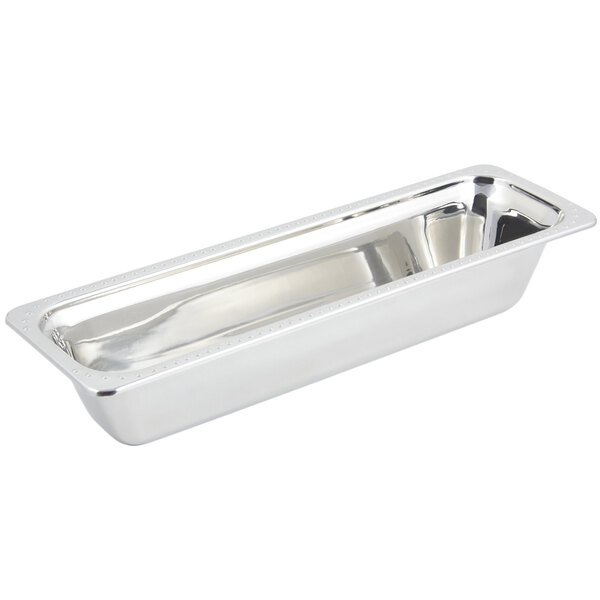 A silver stainless steel rectangular Bon Chef food pan with a Bolero design.