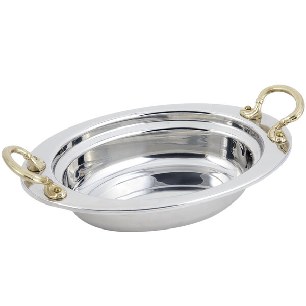 A silver Bon Chef oval food pan with round handles.
