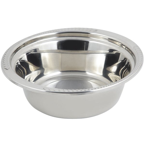A silver stainless steel Bon Chef casserole food pan with a rim and a laurel design.