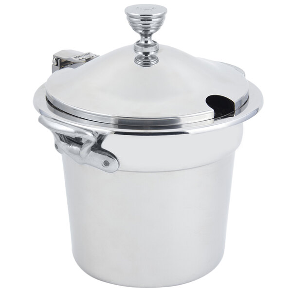 A silver stainless steel Bon Chef soup inset with a lid and round stainless steel handles.