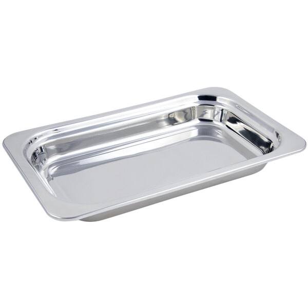 A silver stainless steel rectangular food pan with a rectangular edge.