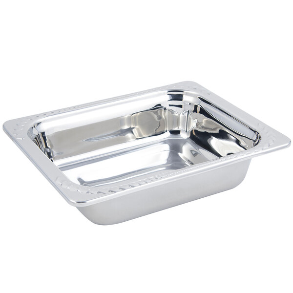 A shiny silver Bon Chef stainless steel rectangular food pan with a square edge.