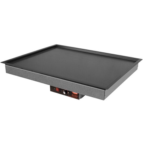 A black rectangular Hatco heated shelf with a recessed black surface.