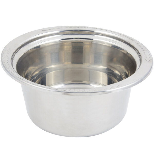 A silver stainless steel Bon Chef casserole food pan with a laurel design on the rim.